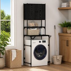 Compact Black Oak Laundry Storage Solution