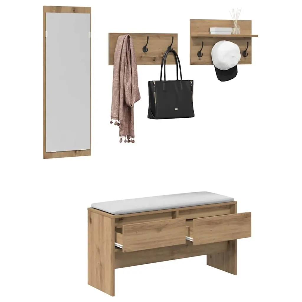 Hallway Furniture Set Brown Storage Bench Mirror Coat Racks Entryway Organiser