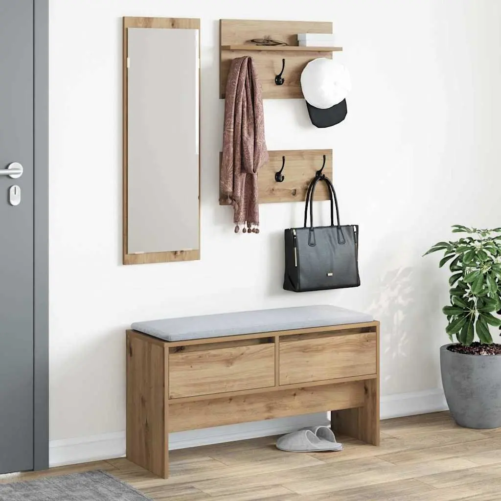 Hallway Furniture Set Brown Storage Bench Mirror Coat Racks Entryway Organiser