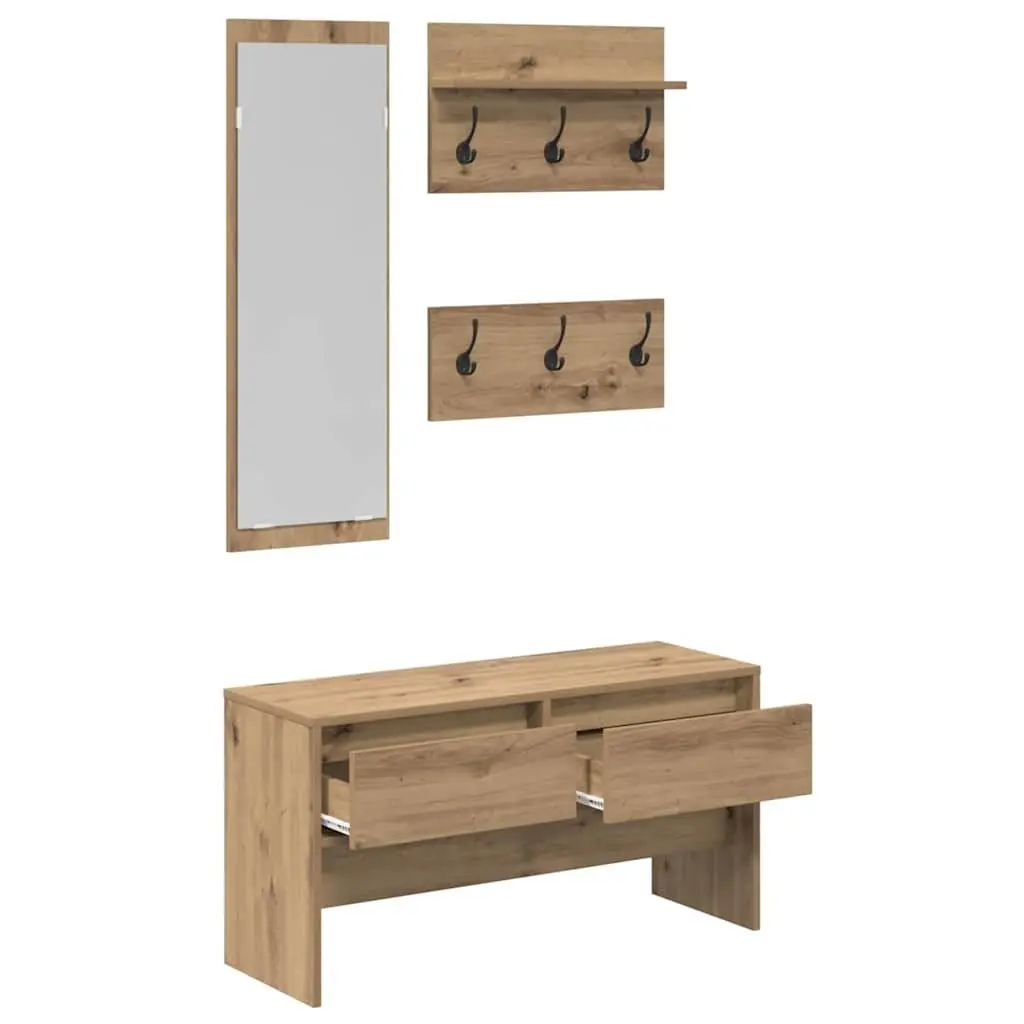 Hallway Furniture Set Brown Storage Bench Mirror Coat Racks Entryway Organiser
