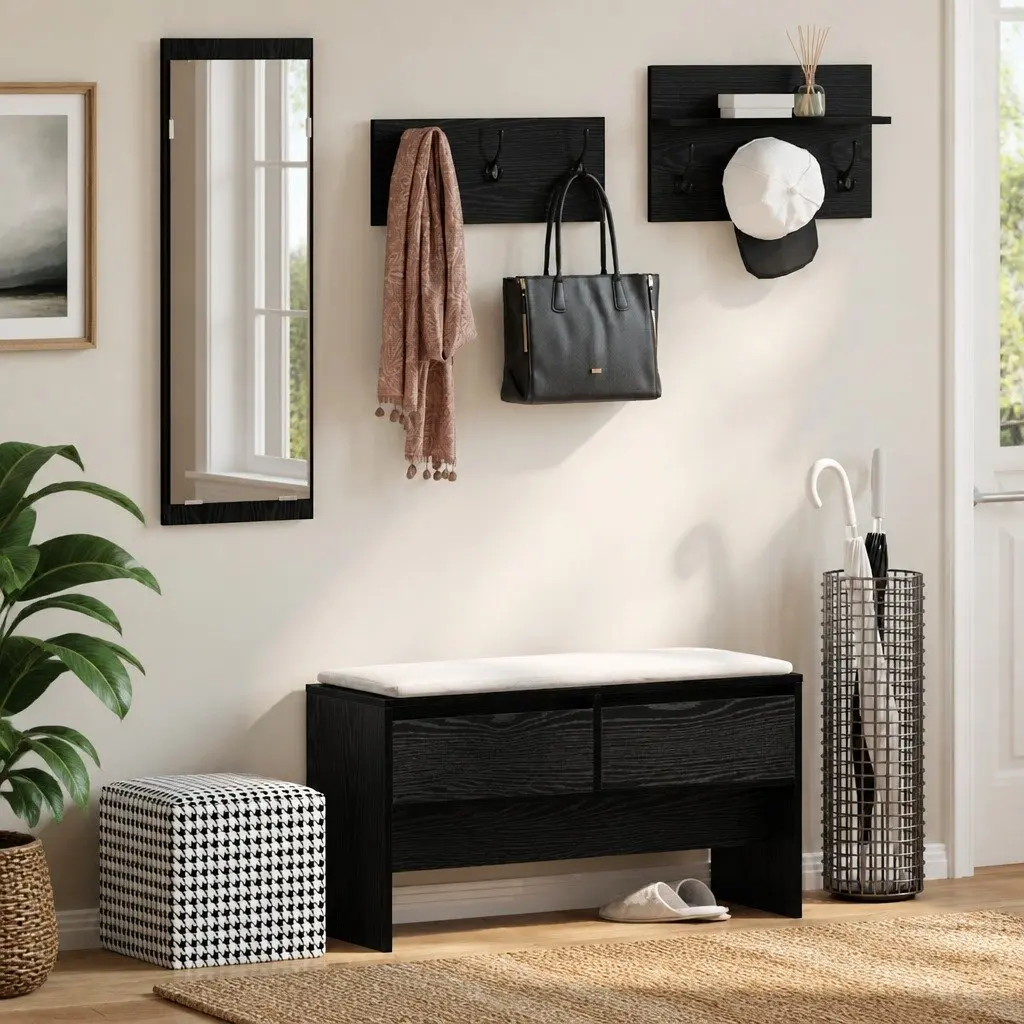 Hallway Furniture Set 4 Piece Storage Bench Mirror Coat Racks Black Oak Entryway