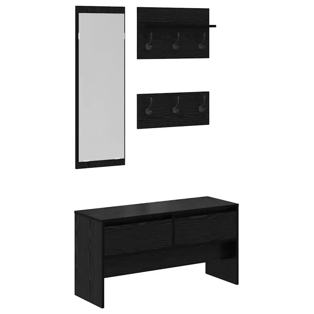 Hallway Furniture Set 4 Piece Storage Bench Mirror Coat Racks Black Oak Entryway
