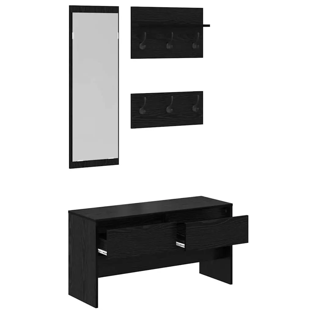 Hallway Furniture Set 4 Piece Storage Bench Mirror Coat Racks Black Oak Entryway