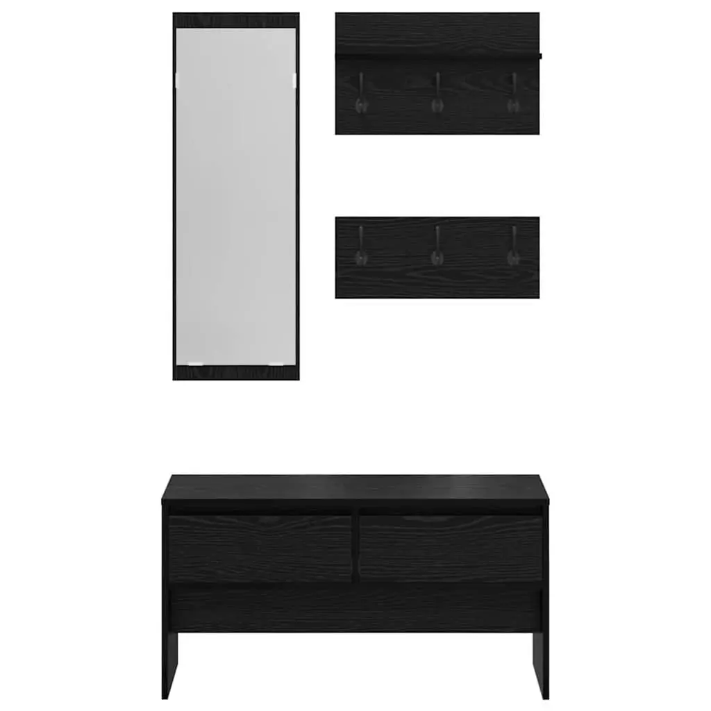 Hallway Furniture Set 4 Piece Storage Bench Mirror Coat Racks Black Oak Entryway