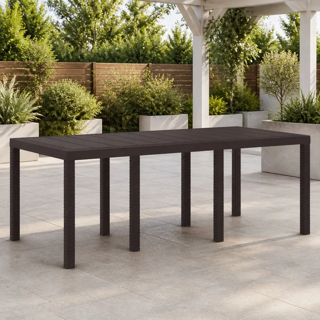 Garden Dining Table Brown Rectangular 200x100x73cm Poly Rattan Weather-Resistant Steel Frame