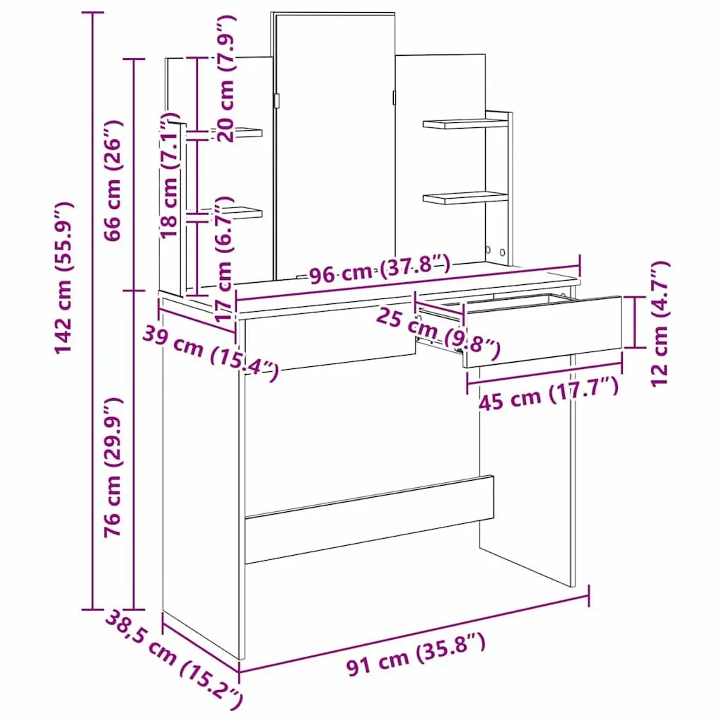 Dressing Table Black 96cm with Mirror Spacious Drawers and Shelves