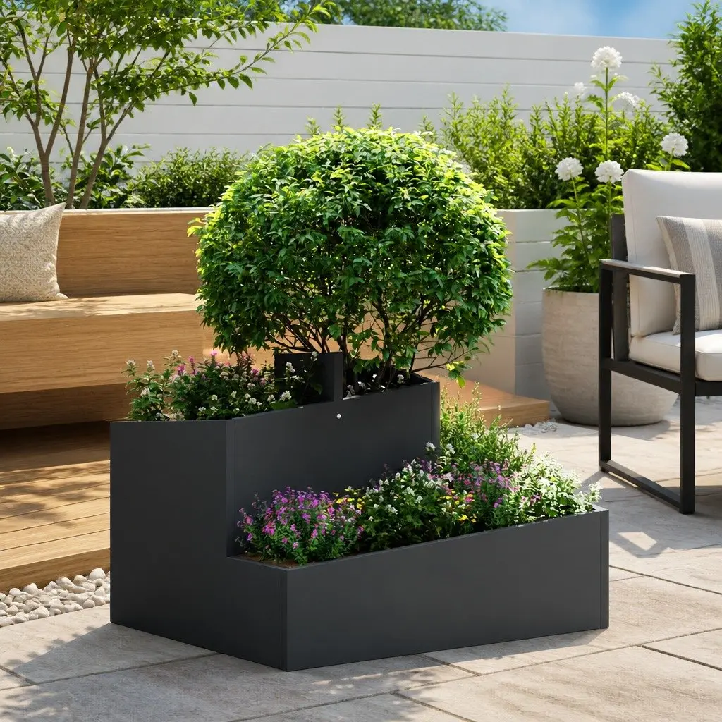 Garden Planter Black 60x60x50cm Metal Outdoor Flower Pot Raised Bed