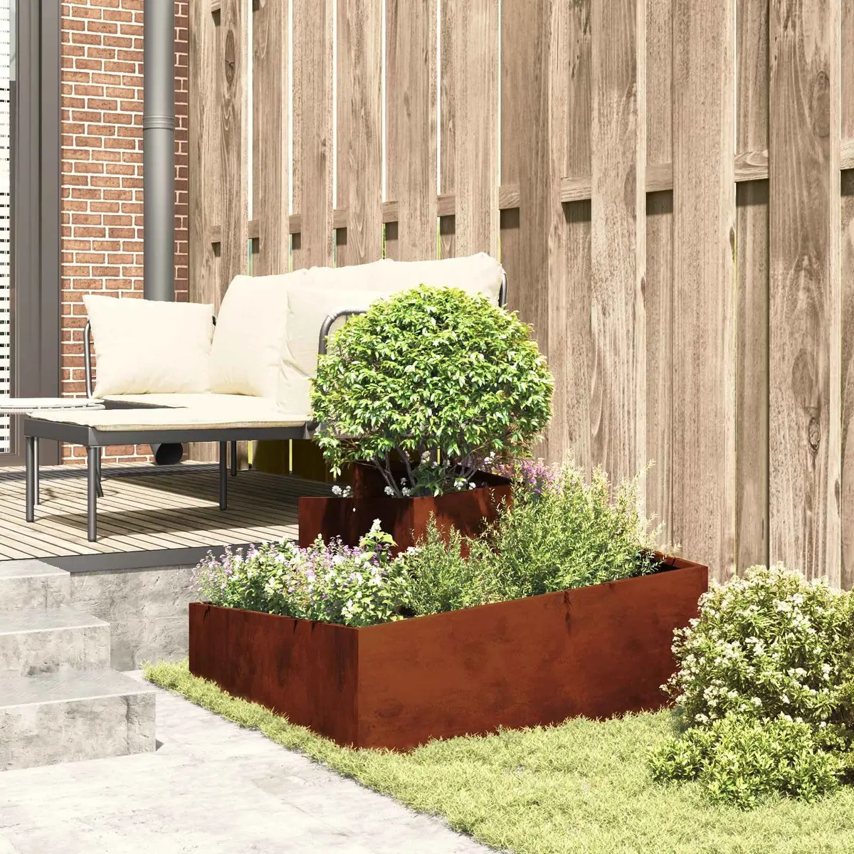 Metal Garden Planter Brown 80 x 80 x 50 cm Modern Square Outdoor Raised Bed