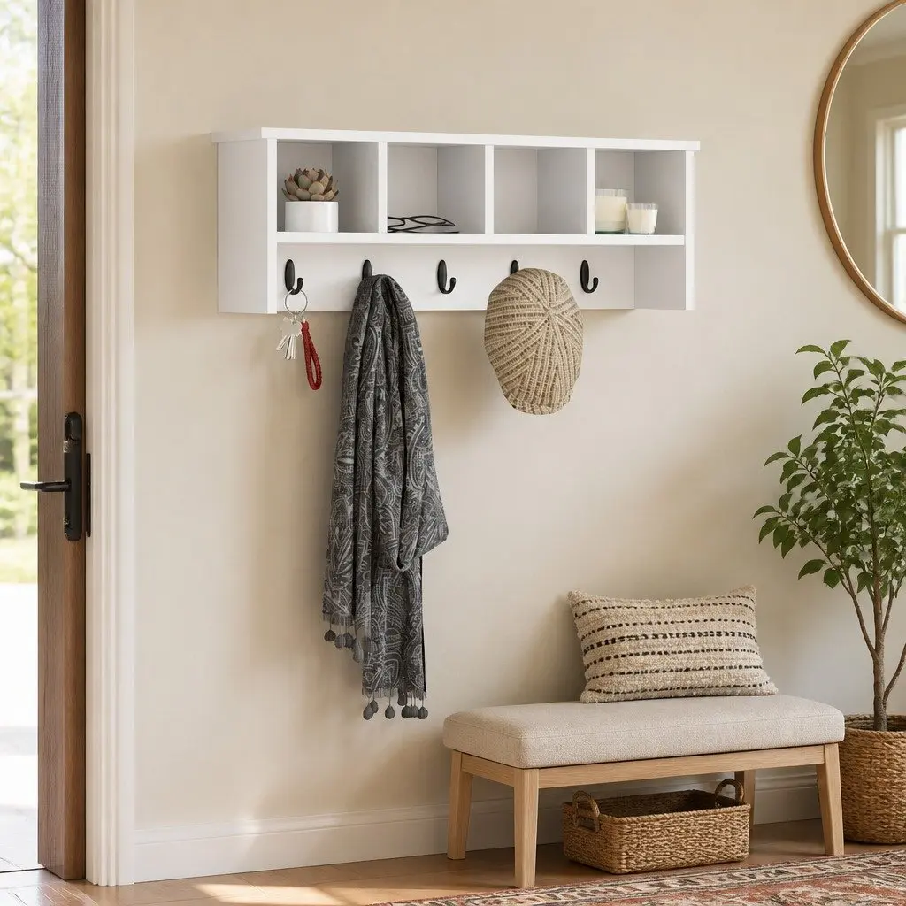 Wall-Mounted Coat Rack White Engineered Wood Hallway Entryway Shelf Hooks