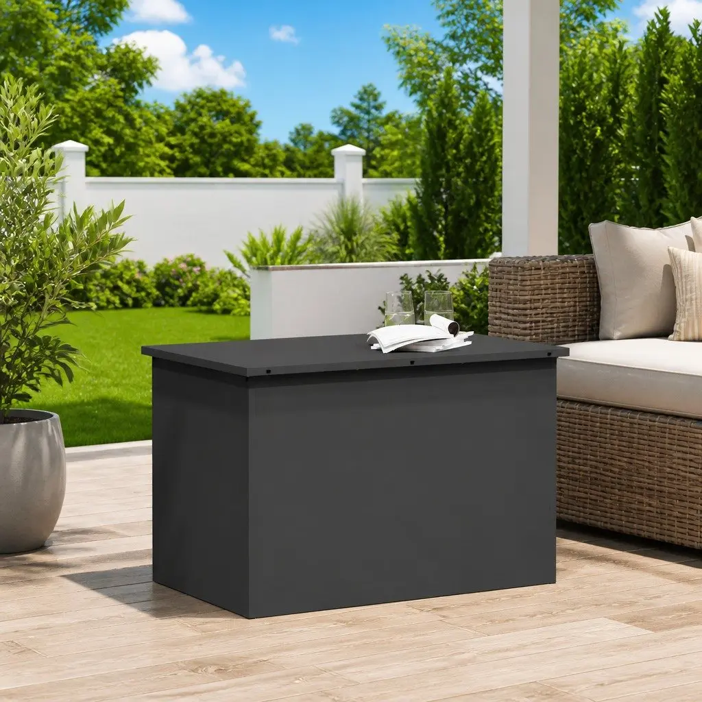 Garden Storage Box Black Steel 80x50cm Weather Resistant Gas Lift Lid