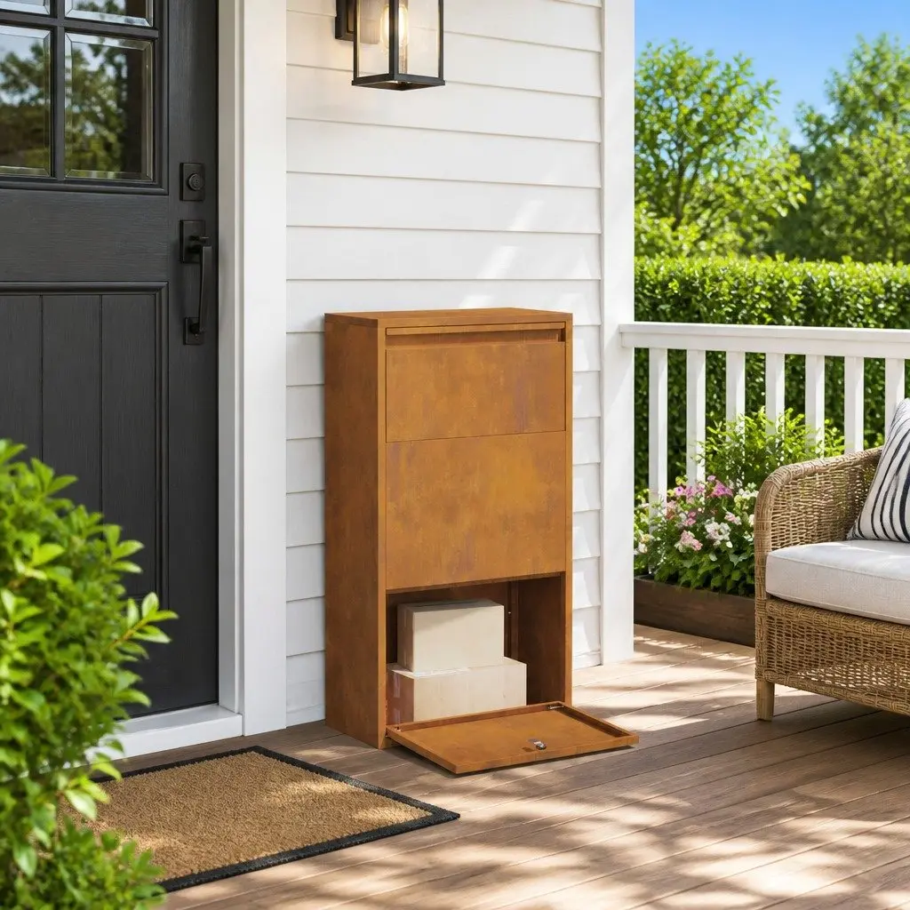 Parcel Drop Box Brown Weathering Steel Rectangular Secure Locking System