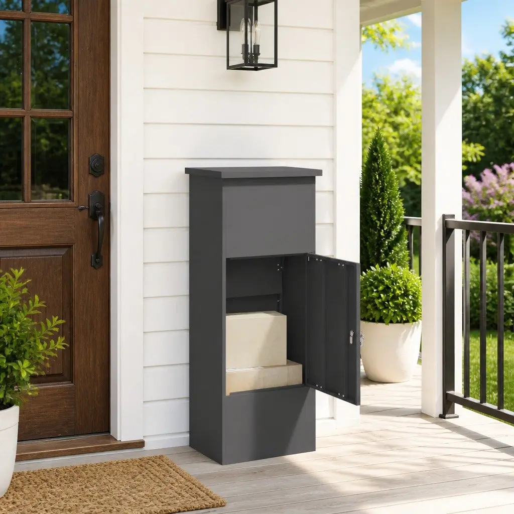 Parcel Drop Box Black Steel Outdoor Storage Hinged Doors