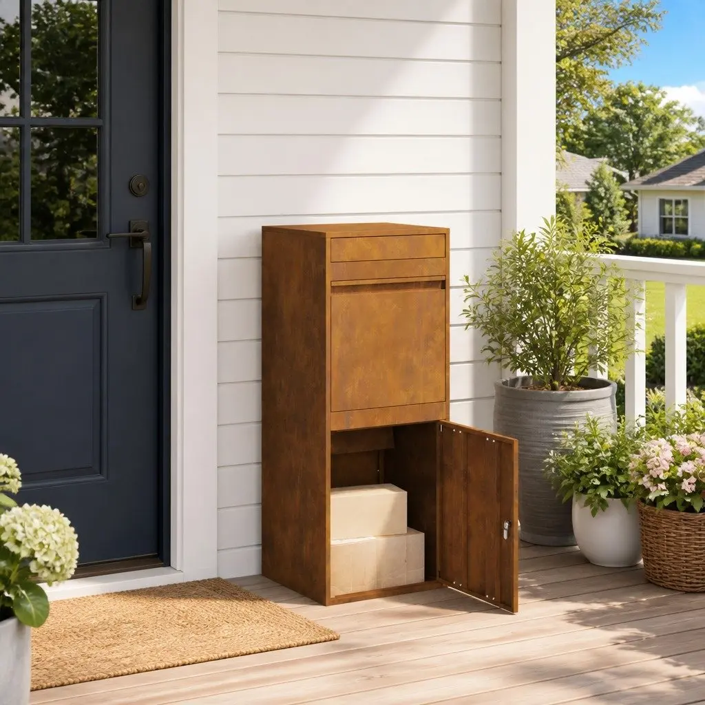 Outdoor Parcel Drop Box Brown Weathering Steel Hinged Door Deadbolt Lock