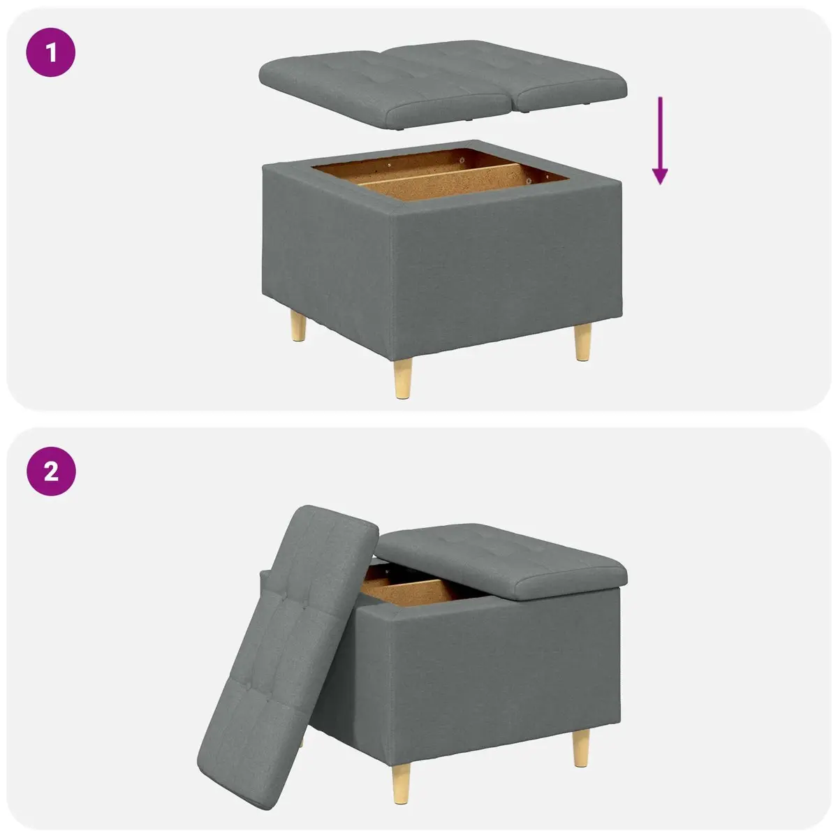 Storage Ottoman with Cushion Grey Tufted Design Hidden Compartment 60x60x45cm