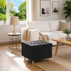 Compact Black Velvet Ottoman with Smart Storage