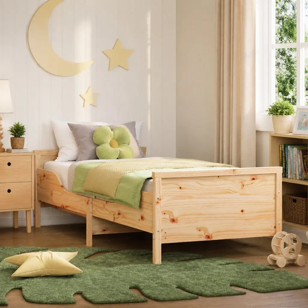 Bed Frame Beige 80 x 200 cm Engineered Wood Headboard Footboard Kids Bedroom Furniture