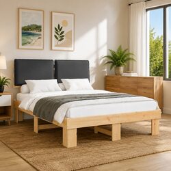 Bed Frame with Upholstered Headboard Grey 135 x 190 cm Modern Platform Slatted