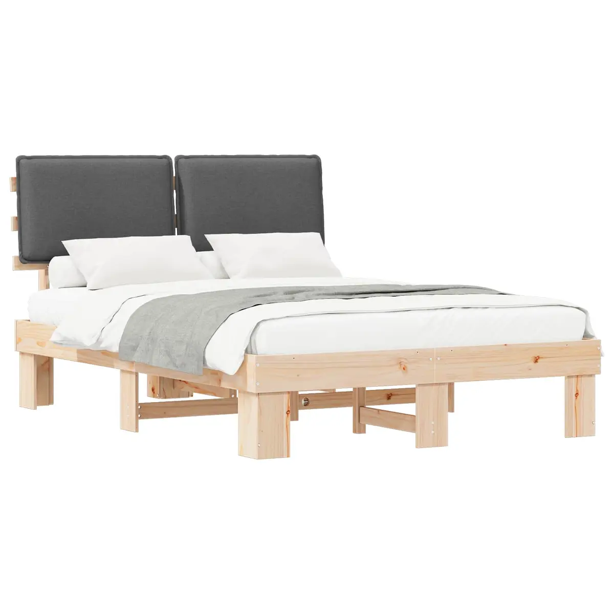 Bed Frame Grey 135 x 190 cm Upholstered Headboard Modern Platform Slatted