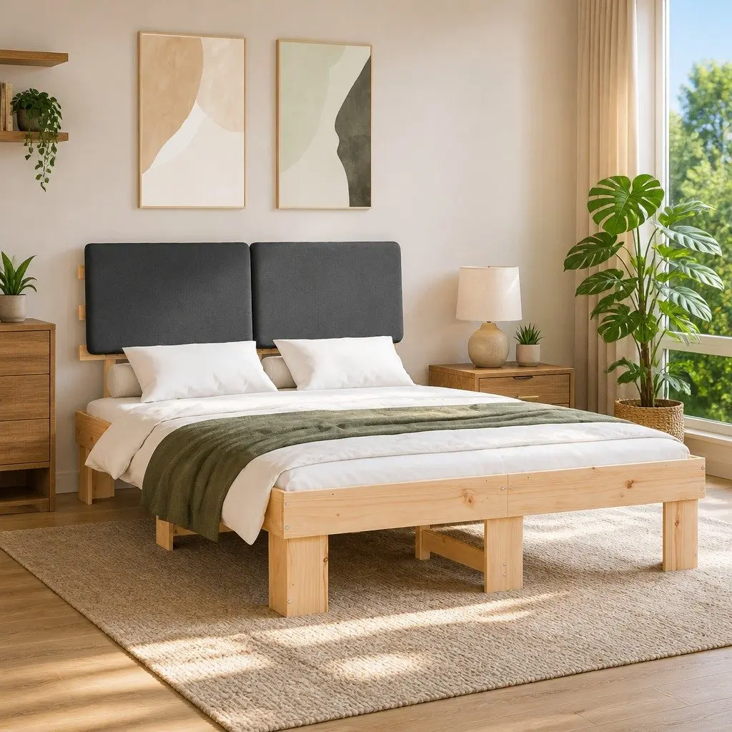 Bed Frame with Upholstered Headboard Grey 150 x 200 cm Modern Bedroom Furniture