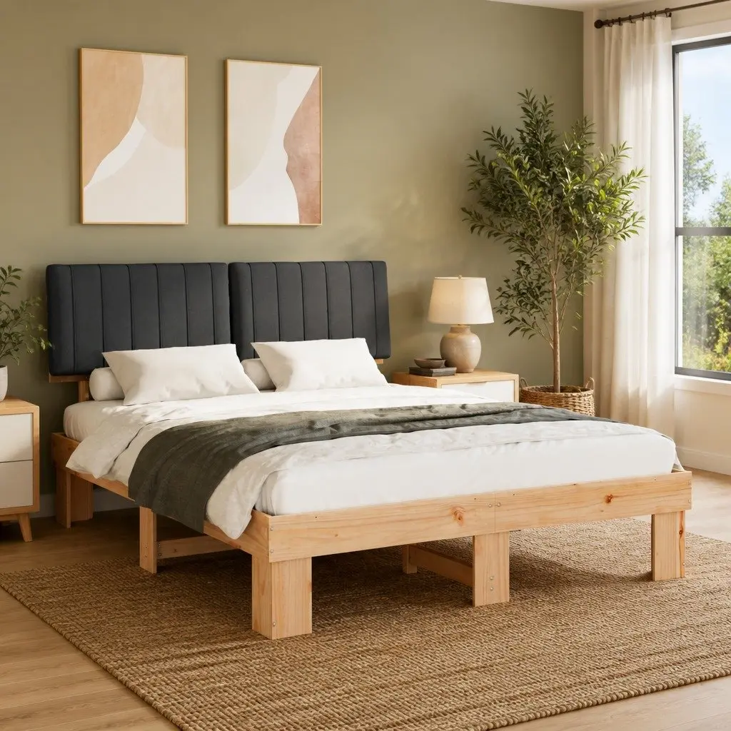 Wooden Bed Frame with Upholstered Headboard