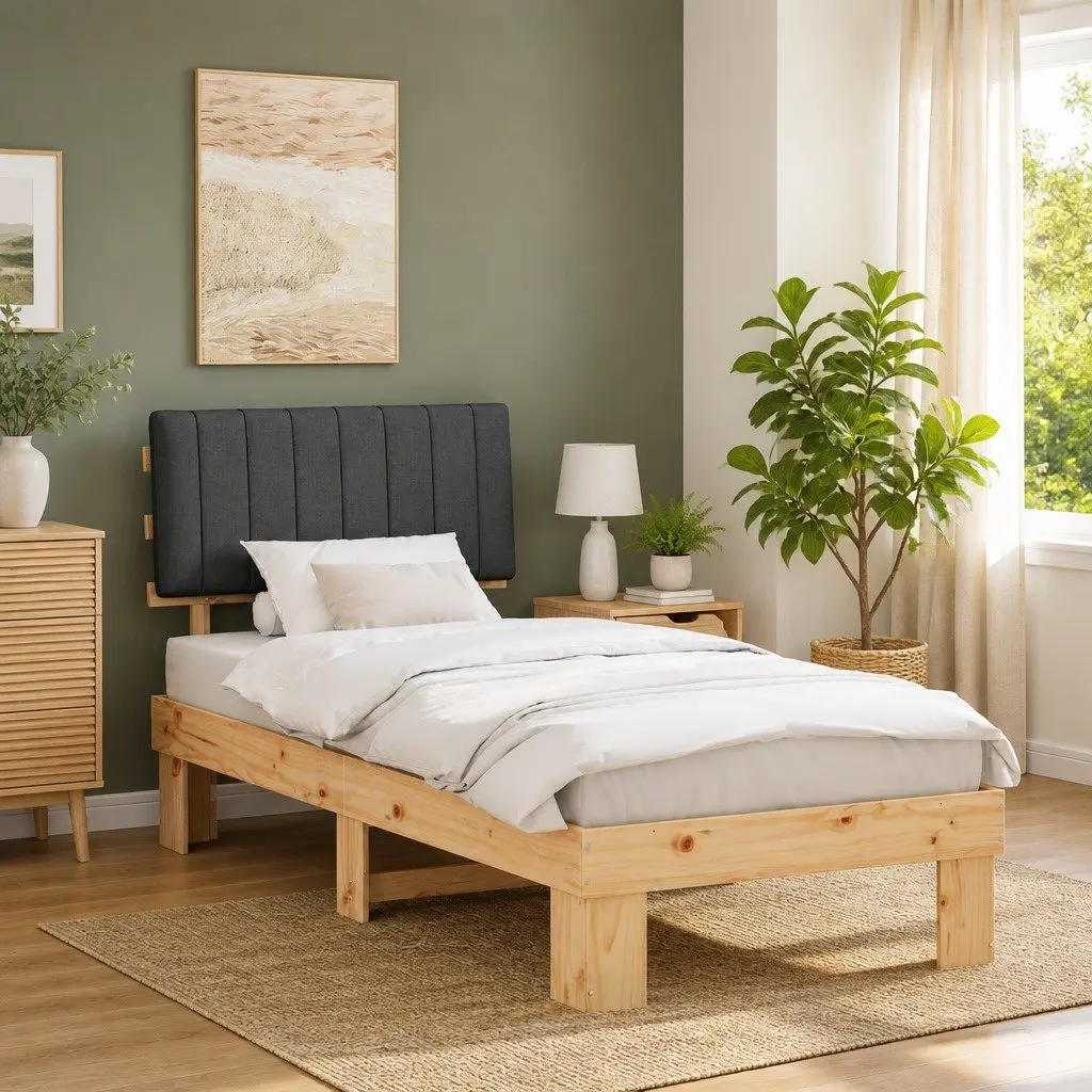 Bed Frame Grey 90 x 190 cm Upholstered Headboard Wooden Slatted Platform