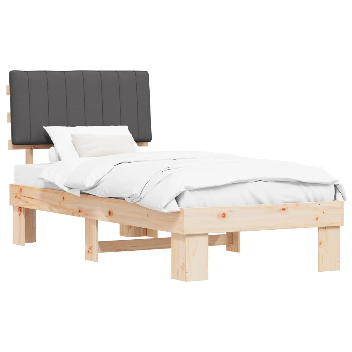 Bed Frame Grey 90 x 190 cm Upholstered Headboard Wooden Slatted Platform