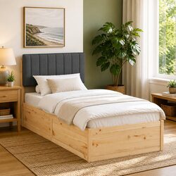 Bed Frame with Upholstered Headboard Grey 90 x 190 cm Wooden Platform Slatted