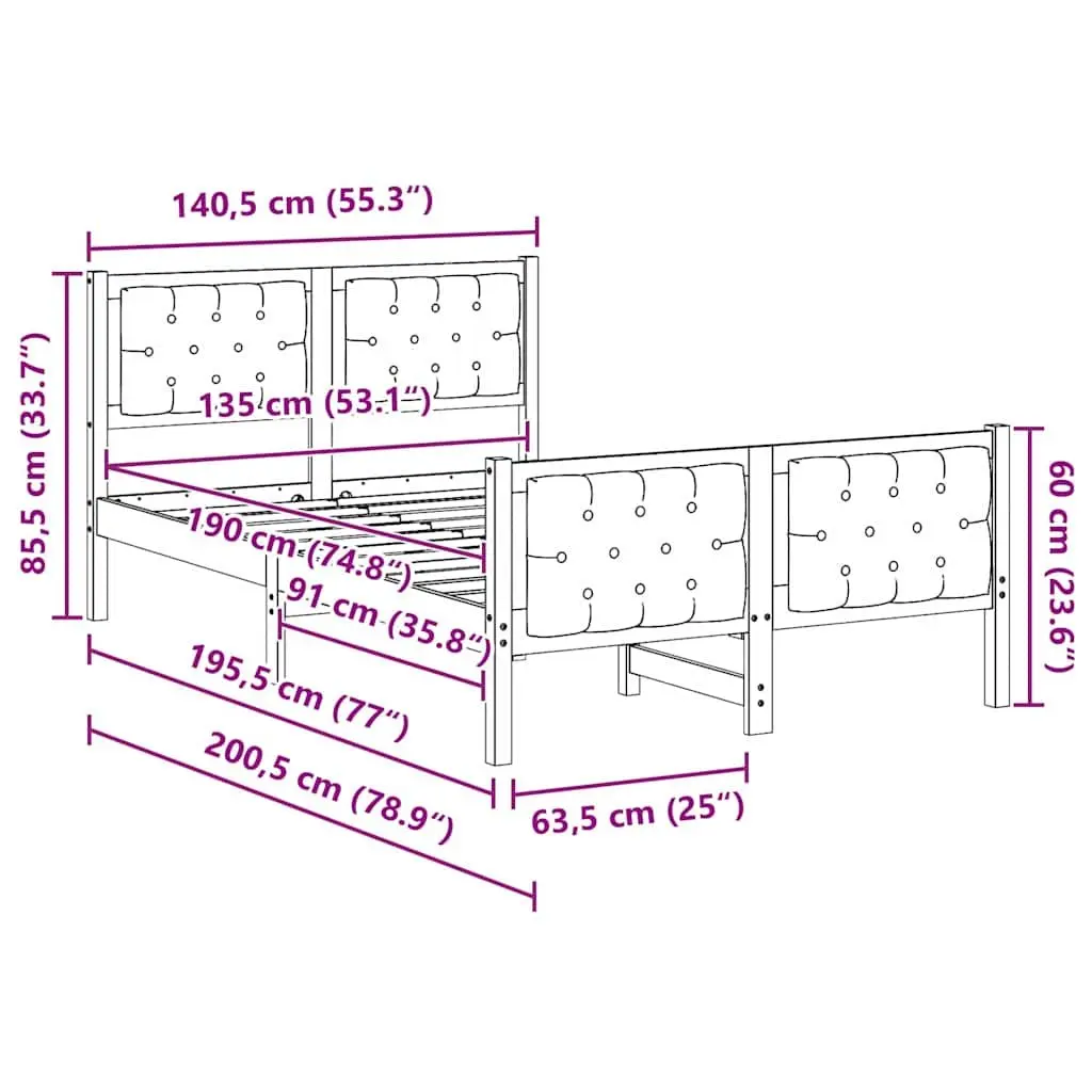 Bed Frame Grey 135 x 190 cm Solid Pine Wood Slatted Support