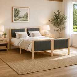 Bed Frame 135 x 190 cm Platform Solid Pine Wood Brown Dark Grey Bedroom