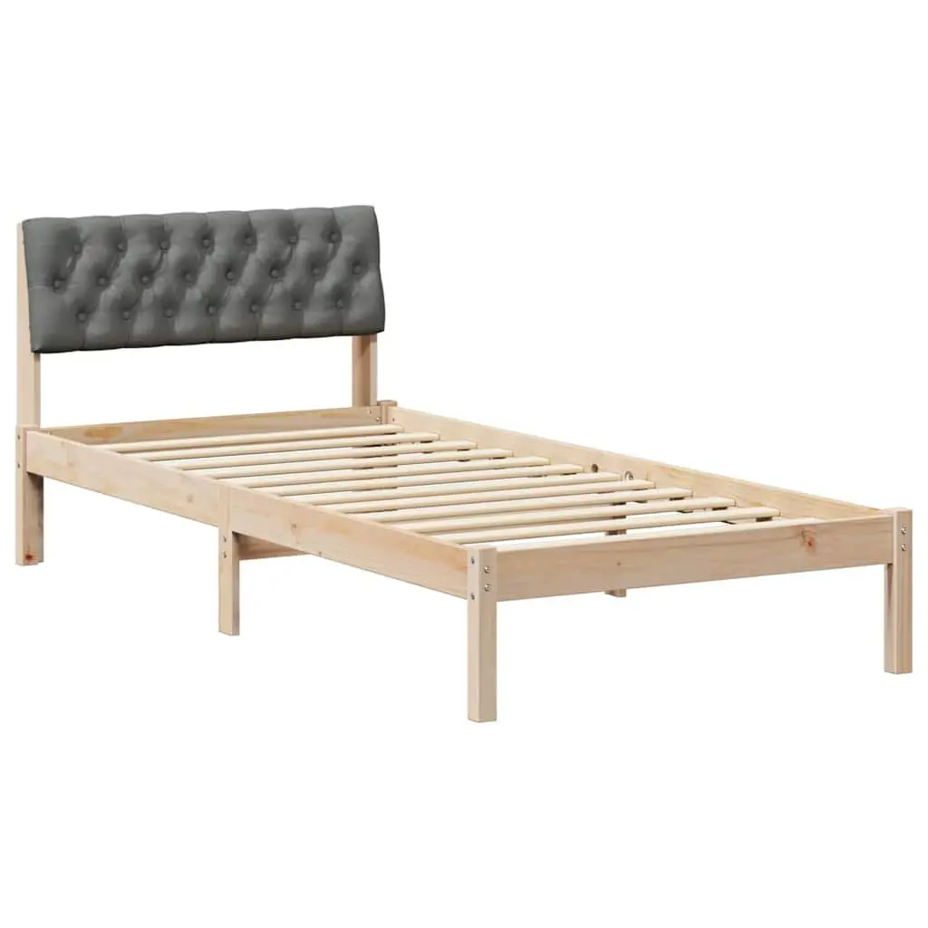 Bed Frame Brown Dark Grey 90x190cm Solid Pine Wood Platform with Wall-mounted Polyester Headboard