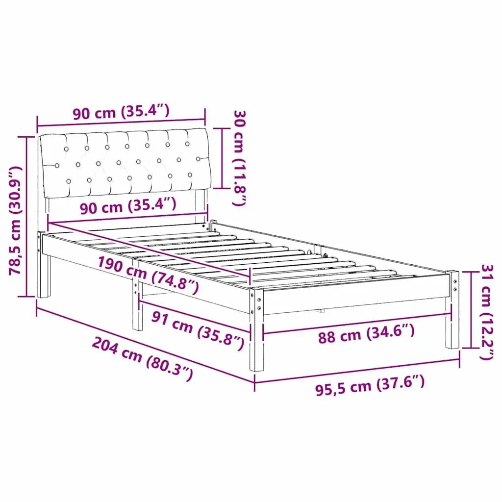 Bed Frame Brown Dark Grey 90x190cm Solid Pine Wood Platform with Wall-mounted Polyester Headboard