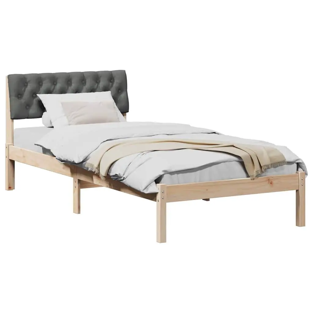 Bed Frame Brown Dark Grey 90x190cm Solid Pine Wood Platform with Wall-mounted Polyester Headboard