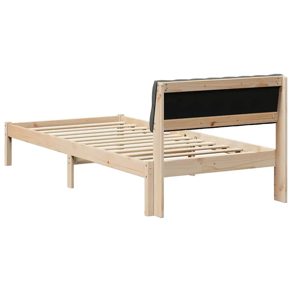 Bed Frame Brown Dark Grey 90x190cm Solid Pine Wood Platform with Wall-mounted Polyester Headboard