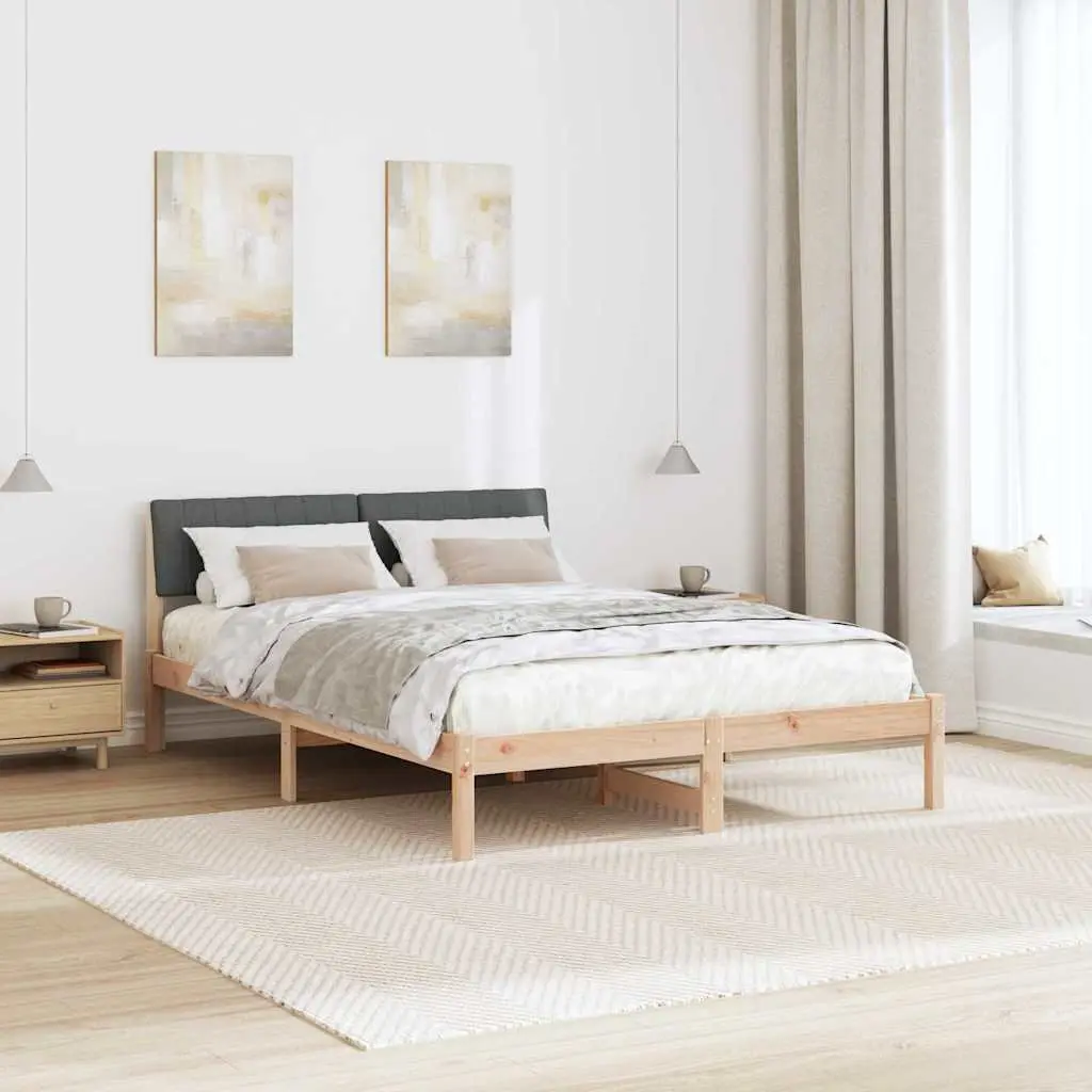Bed Frame 135 x 190 cm Solid Pine Wood Brown Dark Grey Headboard Slatted