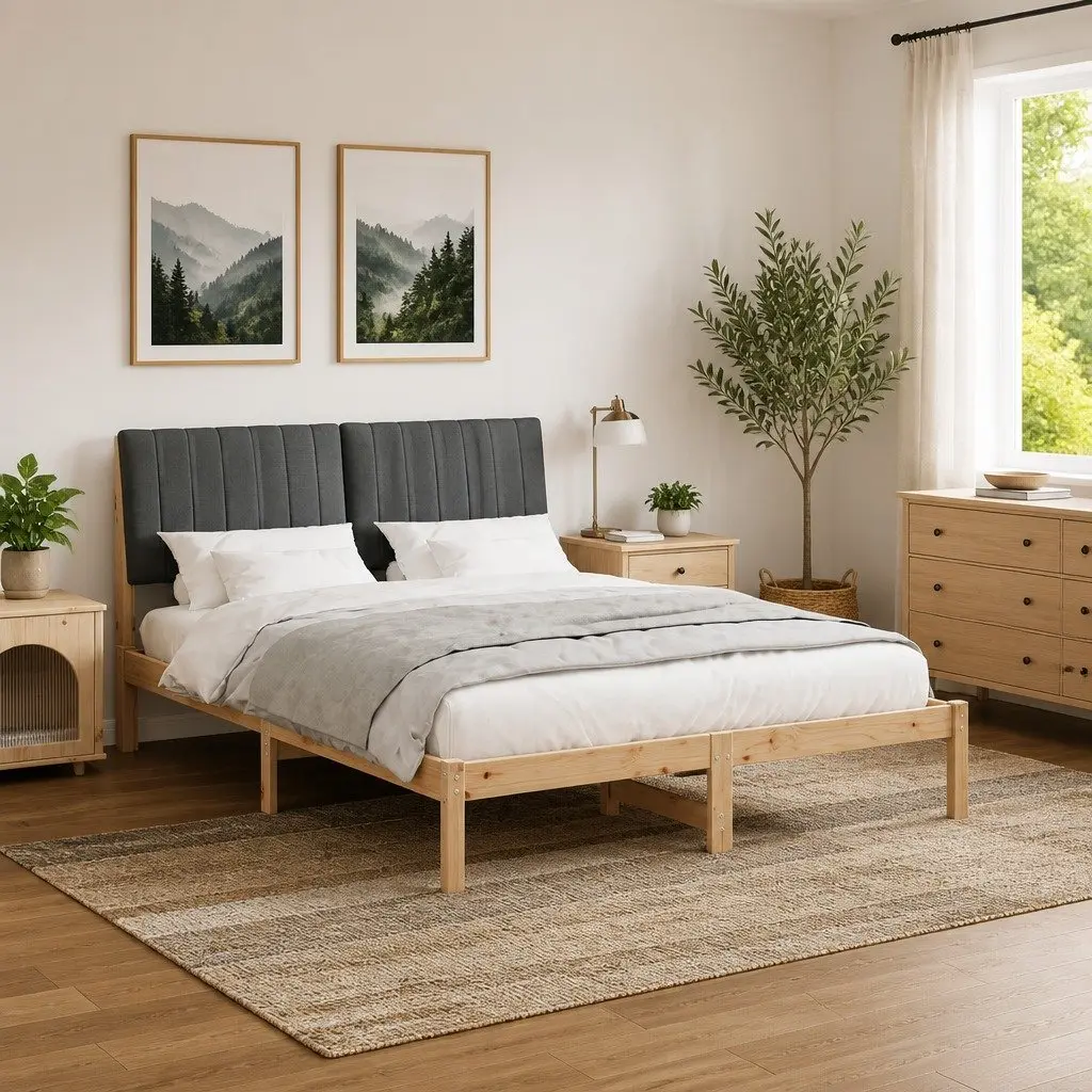 Bed Frame Brown 135 x 190 cm Upholstered Headboard Solid Pine Wood Modern