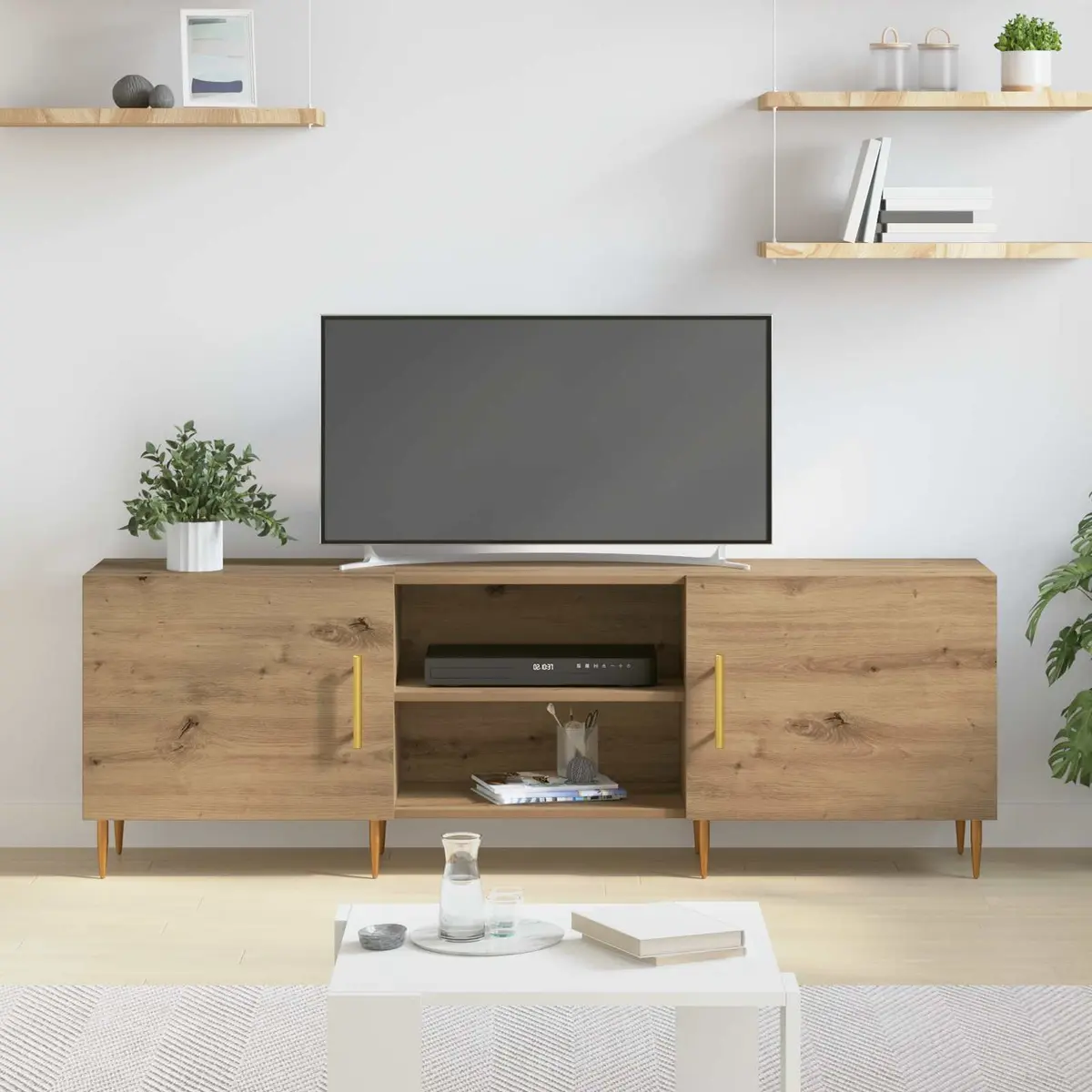 TV Cabinet Brown 150cm Modern Rectangular Storage Unit Engineered Wood