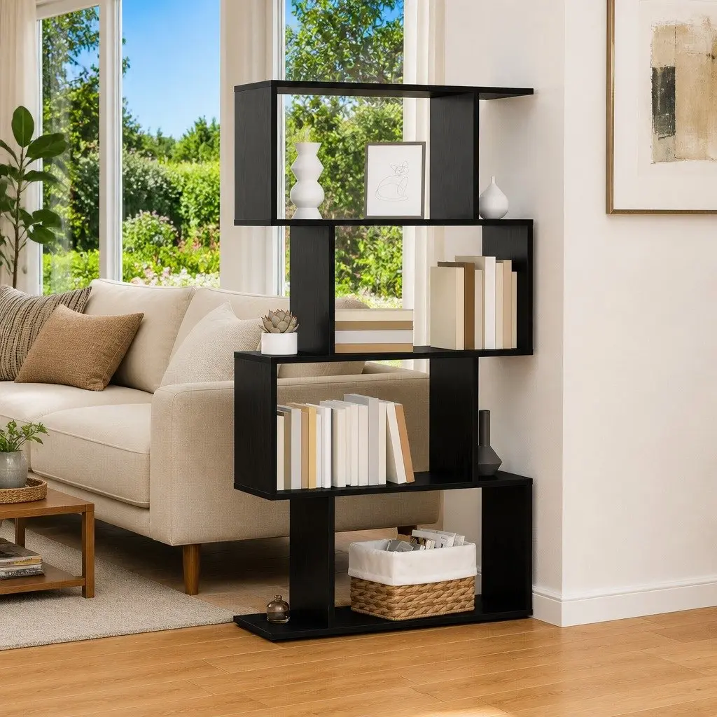Book Cabinet Black Oak Freestanding Modern Engineered Wood Storage Shelves