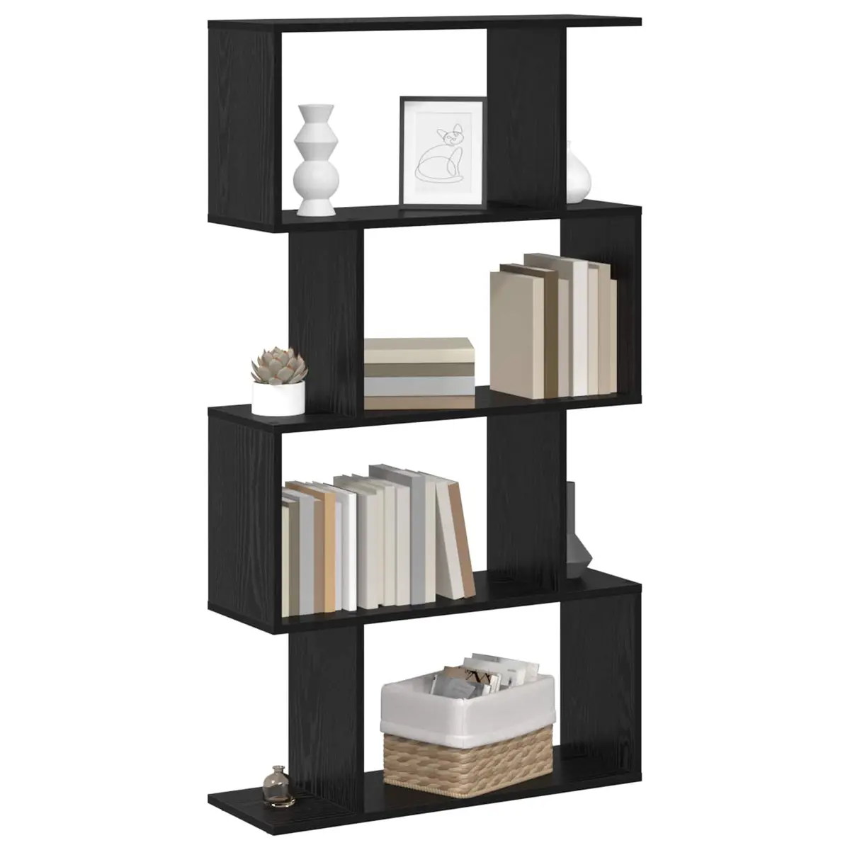 Book Cabinet Black Oak Freestanding Modern Engineered Wood Storage Shelves