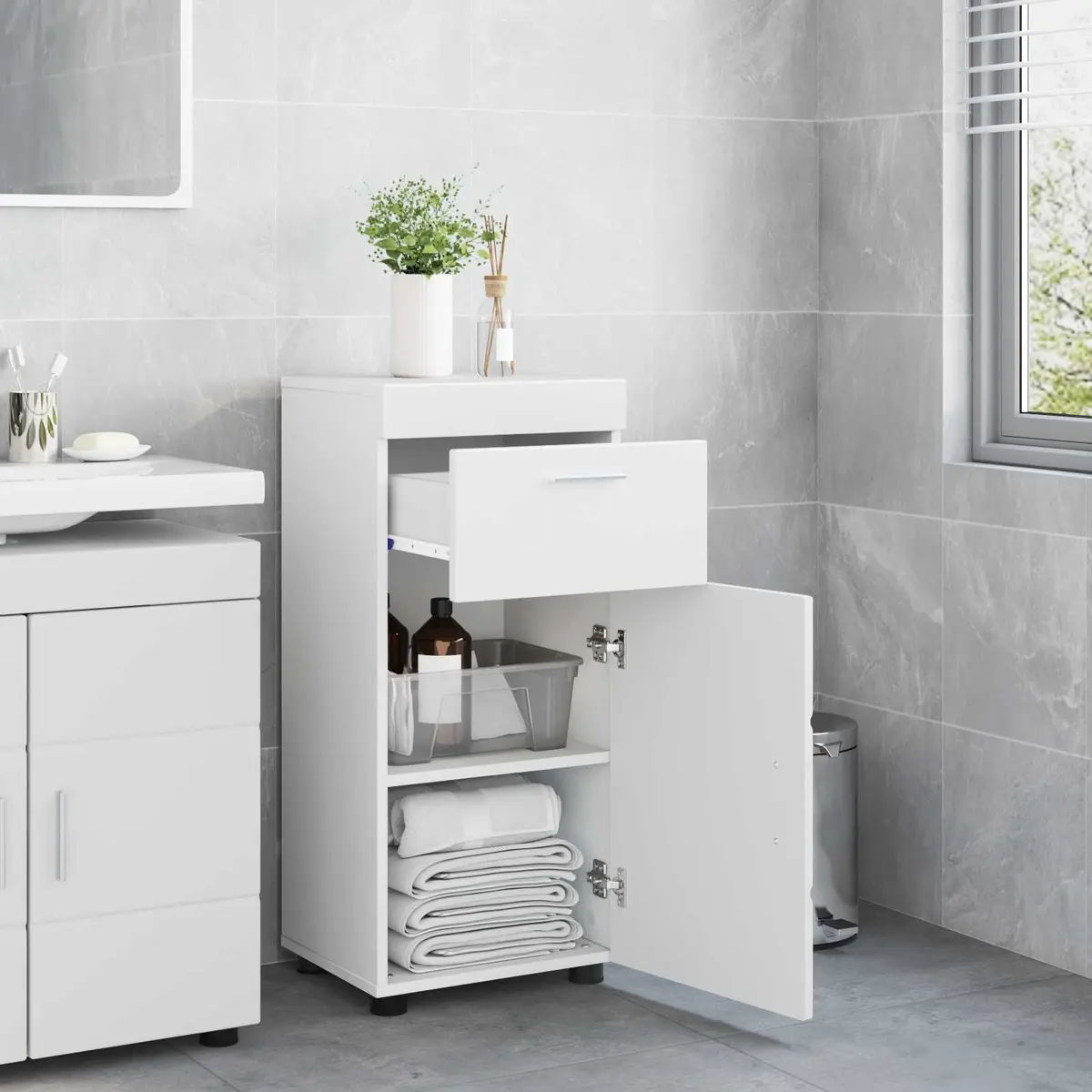 Bathroom Vanity Unit White 37 x 31.5 x 82 cm Drawer Storage Cabinet Modern Matte