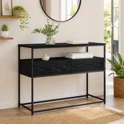 Console Table Black Engineered Wood Hallway Entryway Storage Shelves Modern