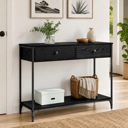 Console Table Black Oak 100x34.5x75cm Storage Shelves Drawers Industrial Design