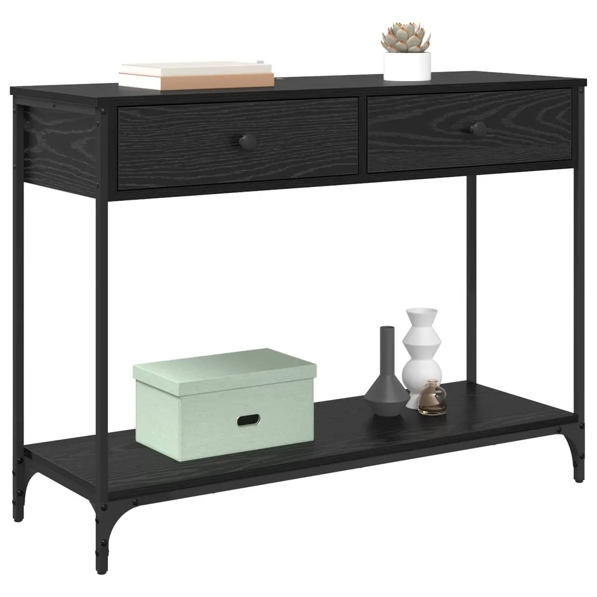Console Table Black Oak 100x34.5x75cm Storage Shelves Drawers Industrial Design