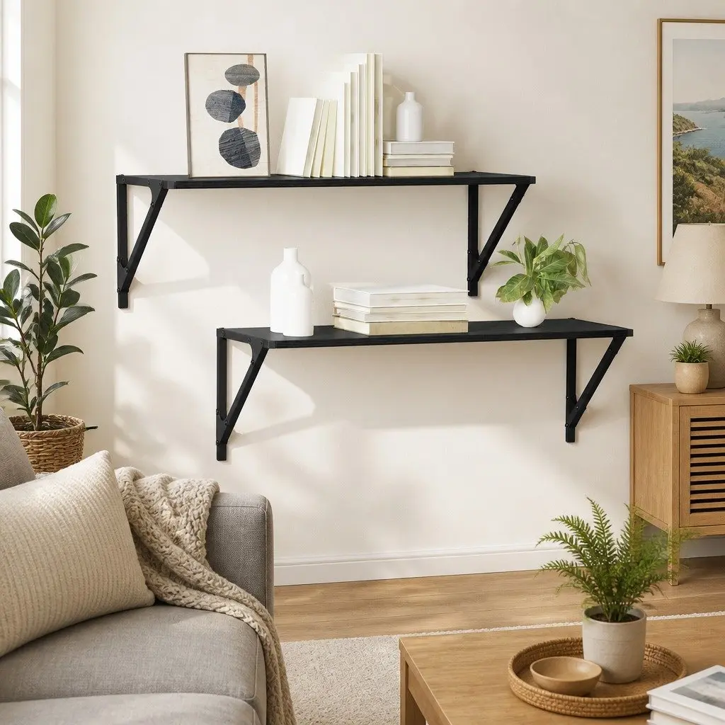 Wall Shelves Black Engineered Wood 80x25x25.5cm Floating Modern Set of 2