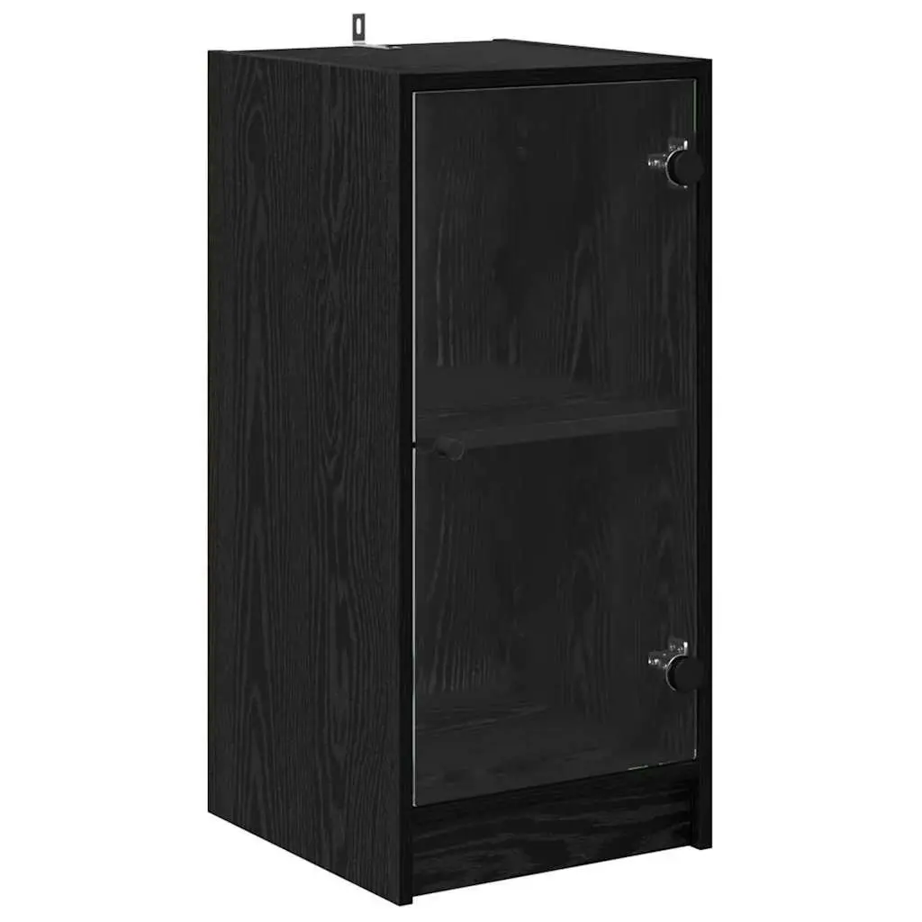 Black Sideboard with Glass Doors Engineered Wood Modern Storage Cabinet