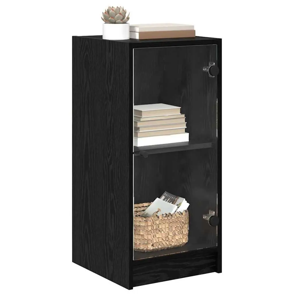 Black Sideboard with Glass Doors Engineered Wood Modern Storage Cabinet