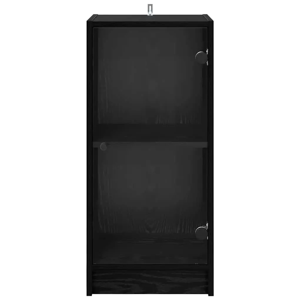 Black Sideboard with Glass Doors Engineered Wood Modern Storage Cabinet
