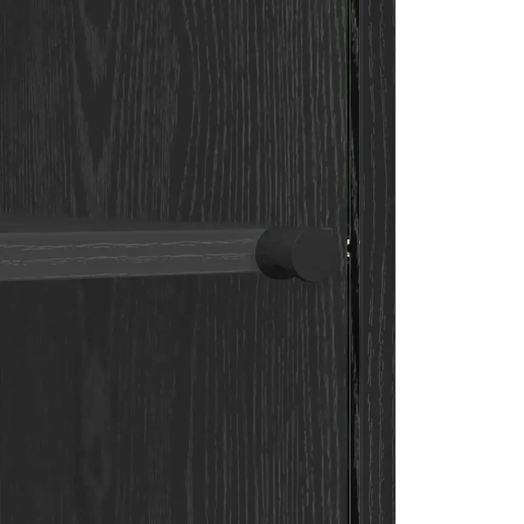 Black Sideboard with Glass Doors Engineered Wood Modern Storage Cabinet