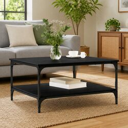 Concise Black Industrial Coffee Table with Metal and Wood