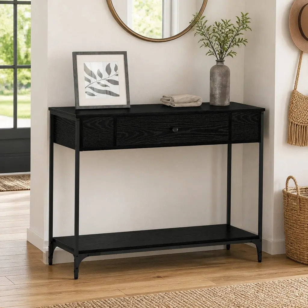 Black Oak Console Table with Ample Storage