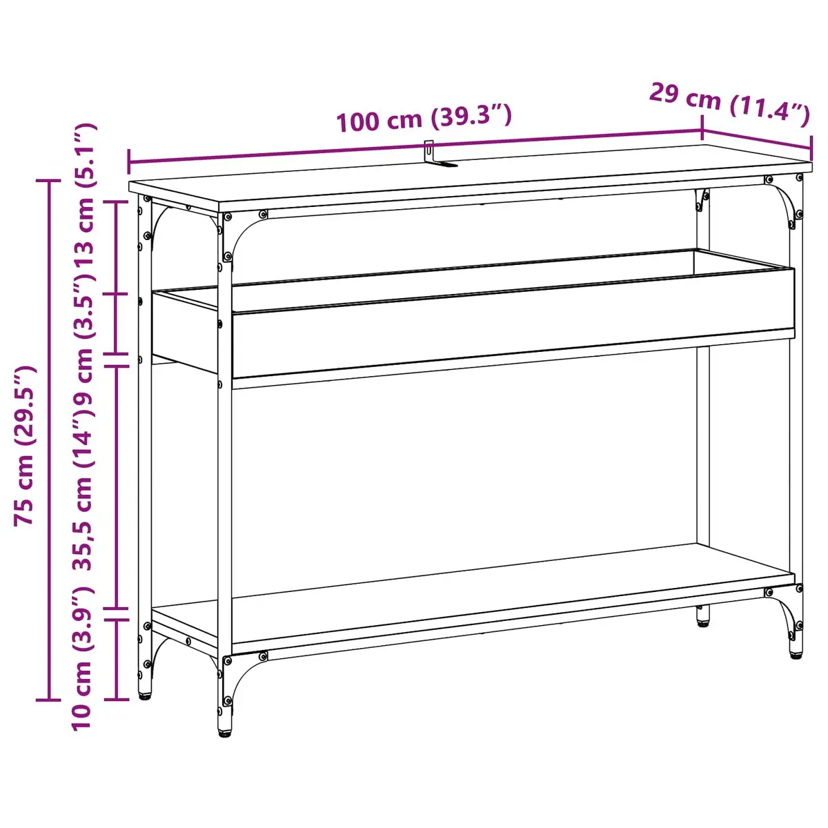 Console Table Black Oak Engineered Wood Steel Frame Storage Functionality